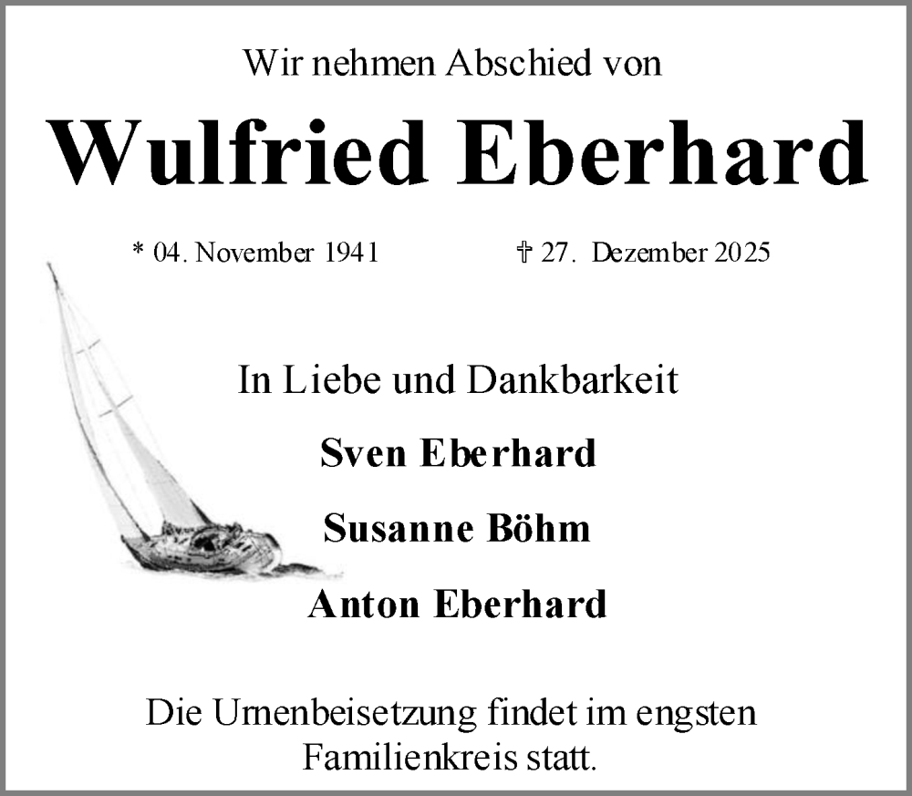  Traueranzeige für Wulfried Eberhard vom 10.01.2026 aus MARKT Ratzeburg/Mölln