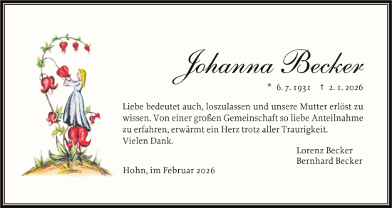 Traueranzeige von Johanna Becker von Schleswig-Holsteinische Landeszeitung