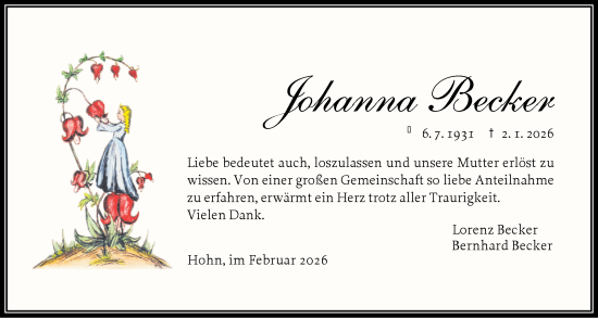Traueranzeige von Johanna Becker von Schleswig-Holsteinische Landeszeitung