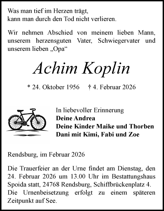 Traueranzeige von Achim Koplin von Schleswig-Holsteinische Landeszeitung