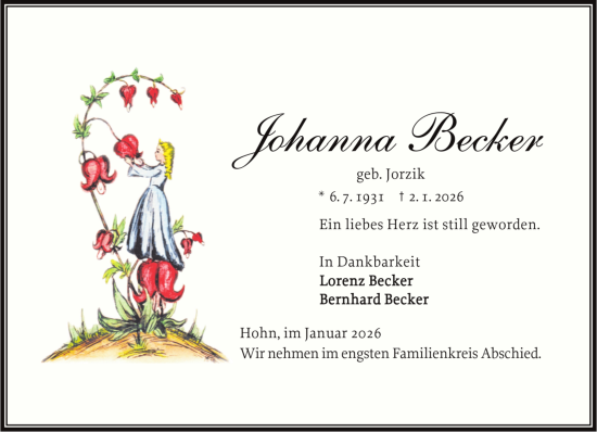 Traueranzeige von Johanna Becker von Schleswig-Holsteinische Landeszeitung