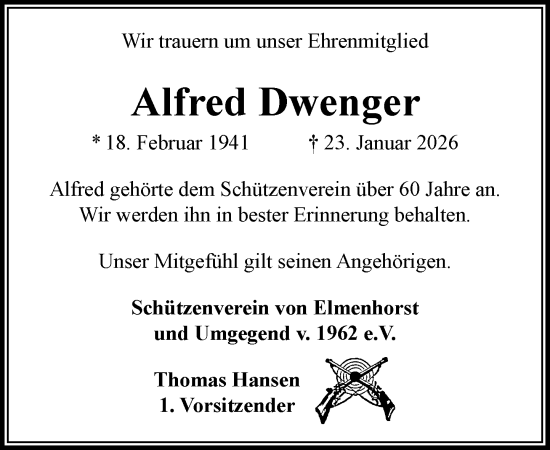 Traueranzeige von Alfred Dwenger von MARKT Ahrensburg/Bargteheide/Trittau und Stormarner Tageblatt