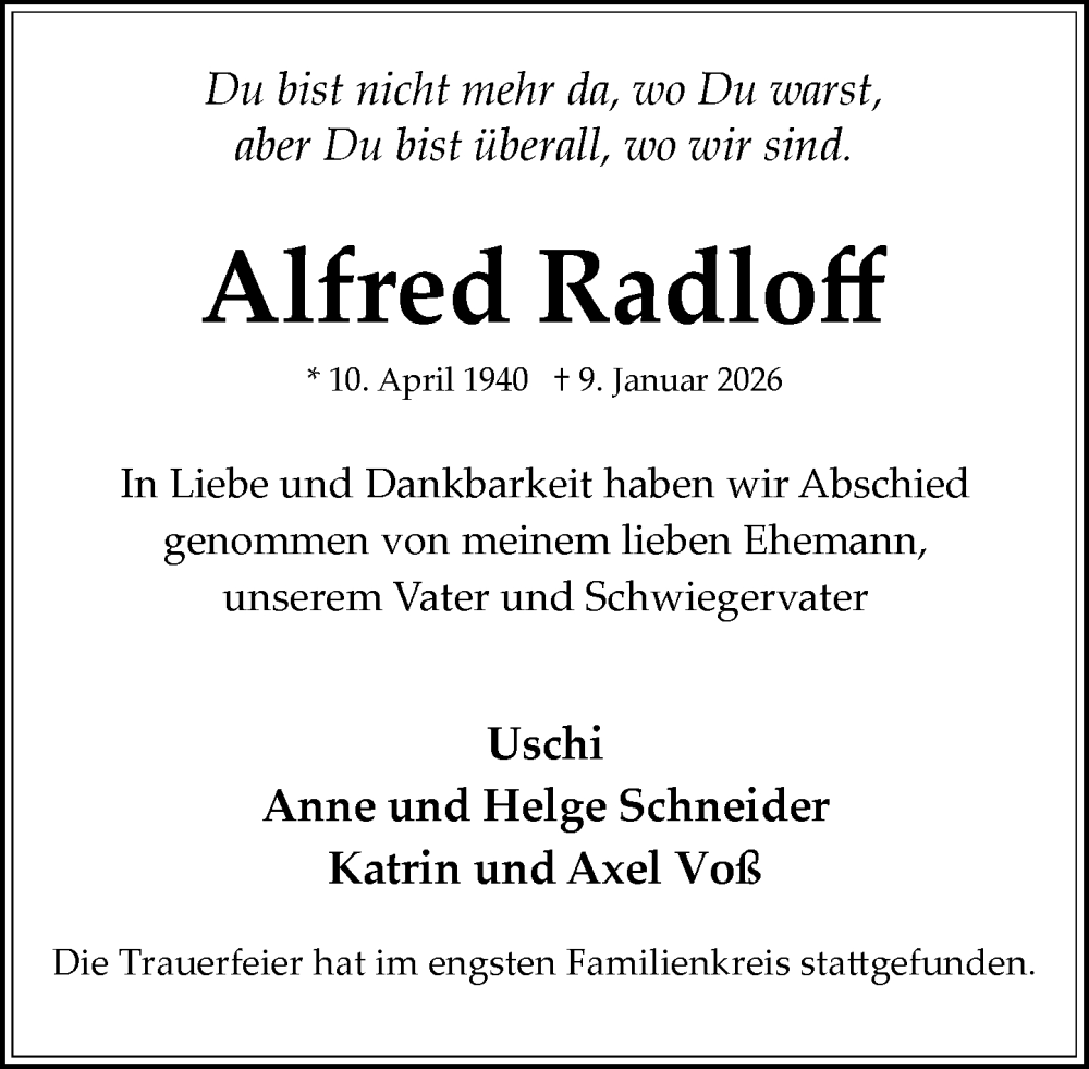  Traueranzeige für Alfred Radloff vom 14.02.2026 aus MARKT Bad Oldesloe/Reinfeld und Stormarner Tageblatt