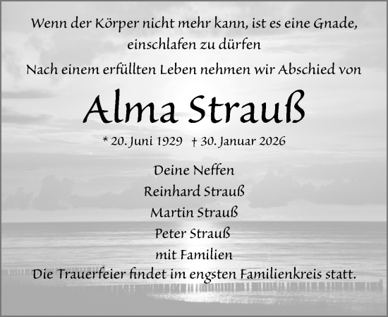 Traueranzeige von Alma Strauß von Norddeutsche Rundschau, Wilstersche Zeitung, Glückstädter Fortuna