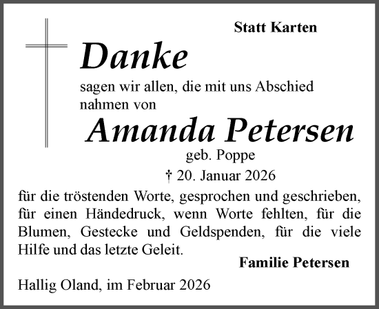 Traueranzeige von Amanda Petersen von Husumer Nachrichten, Nordfriesland Tageblatt