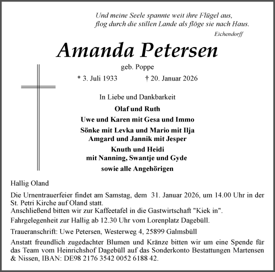 Traueranzeige von Amanda Petersen von Husumer Nachrichten, Nordfriesland Tageblatt