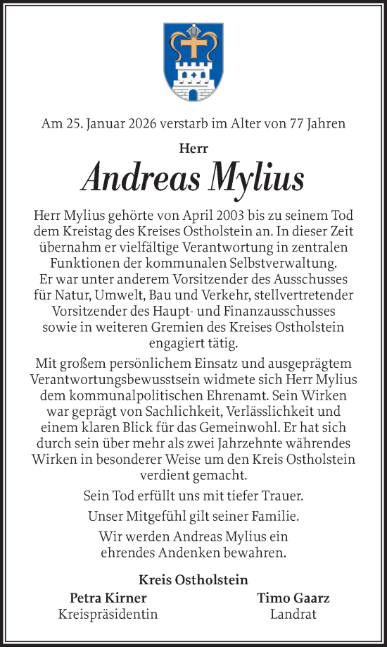 Traueranzeige von Andreas Mylius von Ostholsteiner Anzeiger