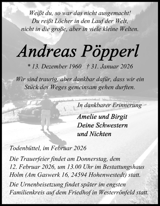 Traueranzeige von Andreas Popperl von Schleswig-Holsteinische Landeszeitung