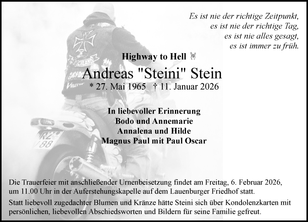  Traueranzeige für Andreas Stein vom 24.01.2026 aus Wochenend Anzeiger