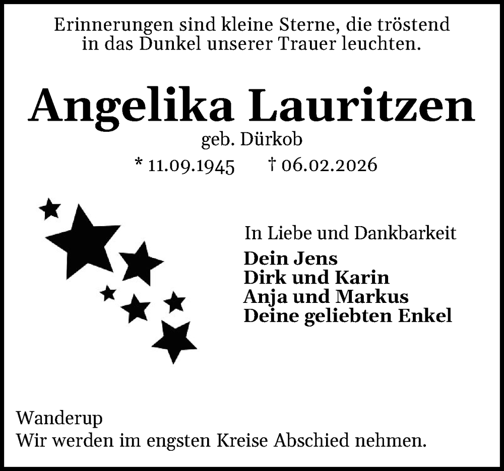 Traueranzeige für Angelika Lauritzen vom 14.02.2026 aus Flensburger Tageblatt