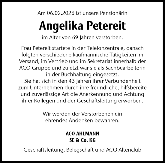 Traueranzeige von Angelika Petereit von Schleswig-Holsteinische Landeszeitung