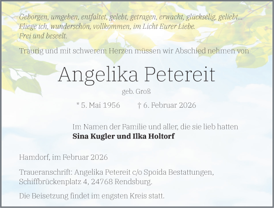 Traueranzeige von Angelika Petereit von Schleswig-Holsteinische Landeszeitung