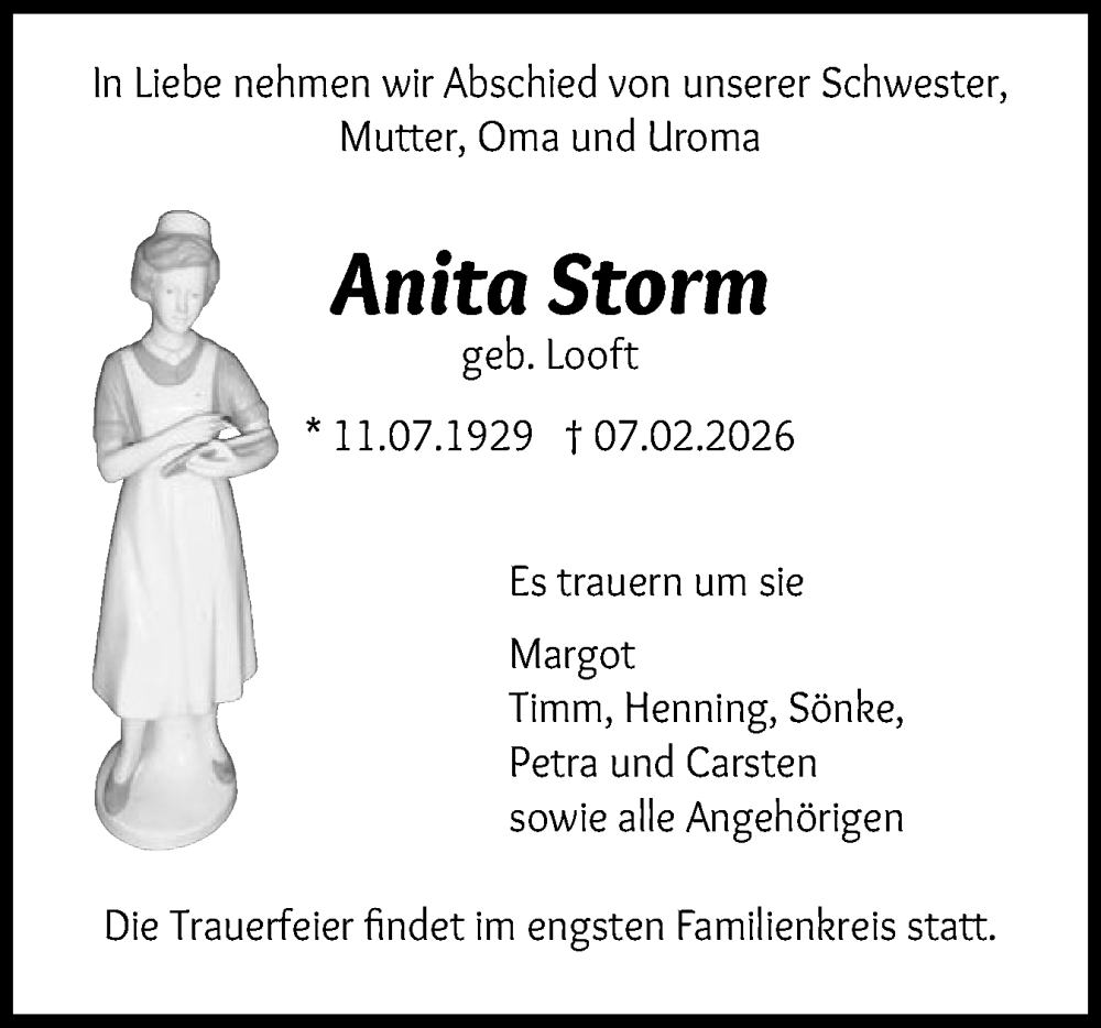  Traueranzeige für Anita Storm vom 21.02.2026 aus Norddeutsche Rundschau, Wilstersche Zeitung, Glückstädter Fortuna