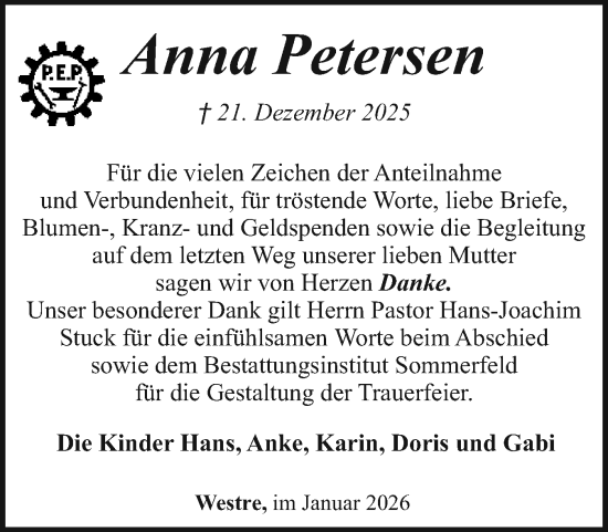 Traueranzeige von Anna Petersen von Region Flensburg