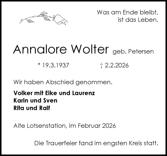 Traueranzeige von Annalore Wolter von Schleswig-Holsteinische Landeszeitung