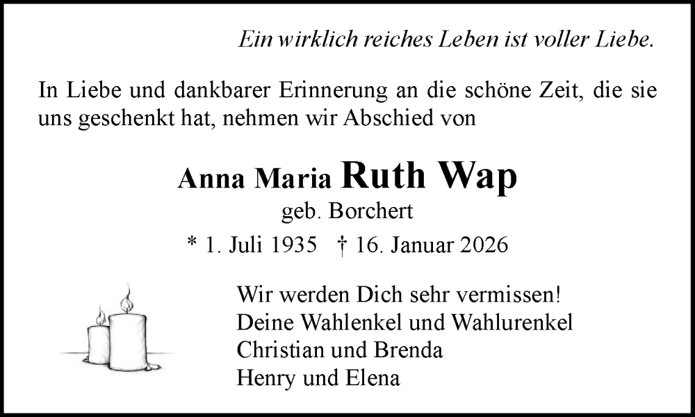  Traueranzeige für Anna Maria Ruth Wap vom 14.02.2026 aus MARKT Ratzeburg/Mölln