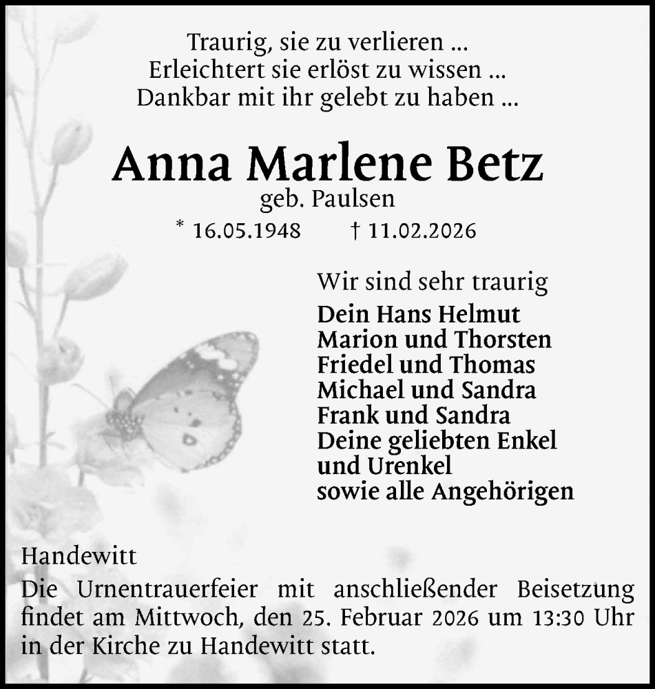  Traueranzeige für Anna Marlene Betz vom 21.02.2026 aus Flensburger Tageblatt