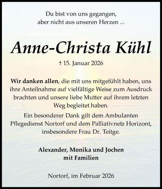 Traueranzeige von Anne-Christa Kühl von Schleswig-Holsteinische Landeszeitung