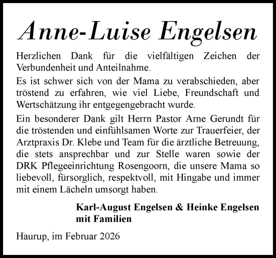 Traueranzeige von Anne-Luise Engelsen von Region Flensburg