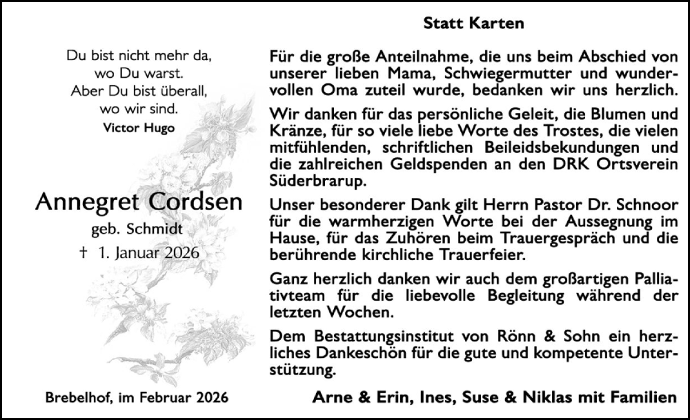 Traueranzeige für Annegret Cordsen vom 21.02.2026 aus Schleswiger Nachrichten, Schlei-Bote
