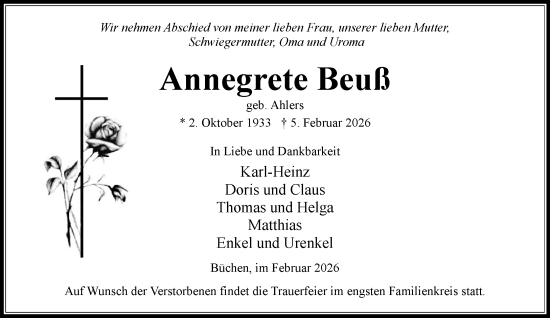 Traueranzeige von Annegrete Beuß von Wochenend Anzeiger