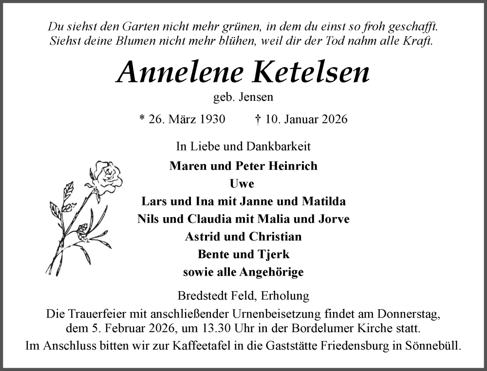  Traueranzeige für Annelene Ketelsen vom 24.01.2026 aus Husumer Nachrichten, Nordfriesland Tageblatt