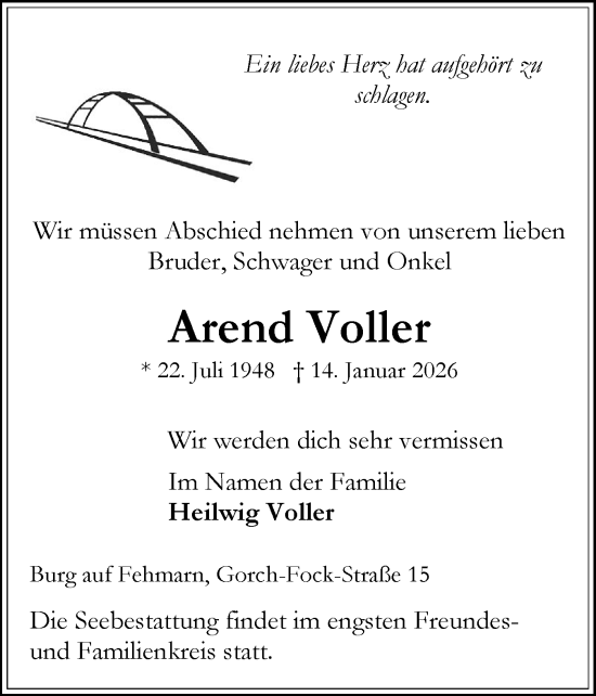 Traueranzeige von Arend Voller von Schleswig-Holsteinische Landeszeitung