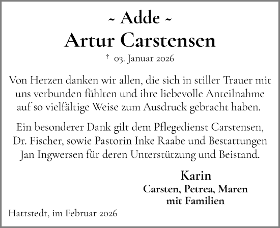 Traueranzeige von Artur Carstensen von Husumer Nachrichten, Nordfriesland Tageblatt
