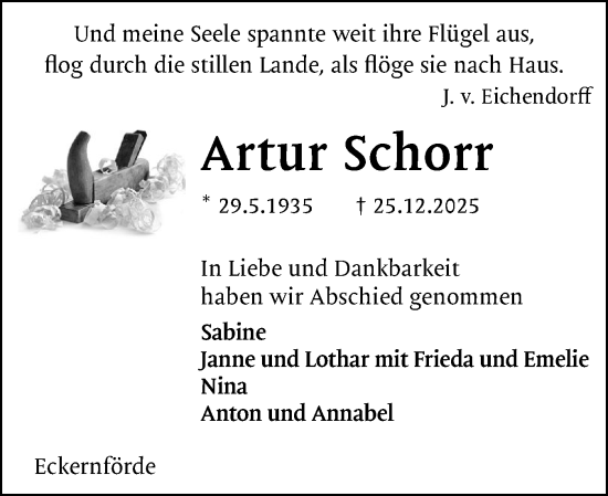 Traueranzeige von Artur Schorr von Eckernförder Zeitung, Hallo Eckernförde