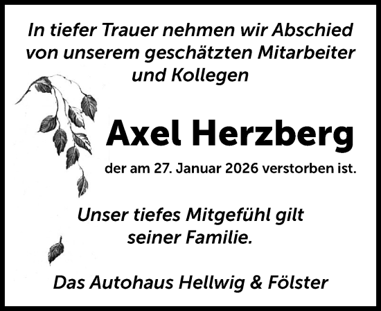 Traueranzeige von Axel Herzberg von Norddeutsche Rundschau, Wilstersche Zeitung, Glückstädter Fortuna