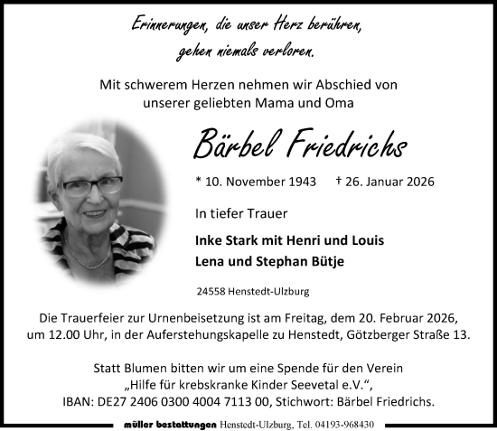 Traueranzeige von Bärbel Friedrichs von Umschau