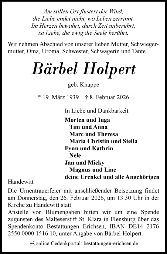 Traueranzeige von Bärbel Holpert von Flensburger Tageblatt