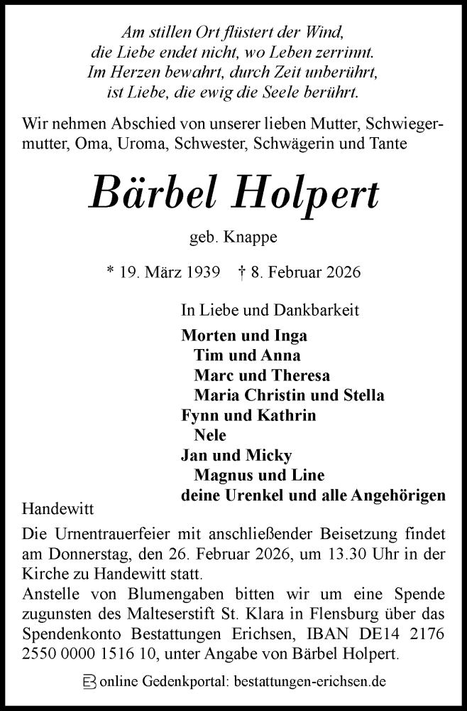 Traueranzeige für Bärbel Holpert vom 14.02.2026 aus Flensburger Tageblatt