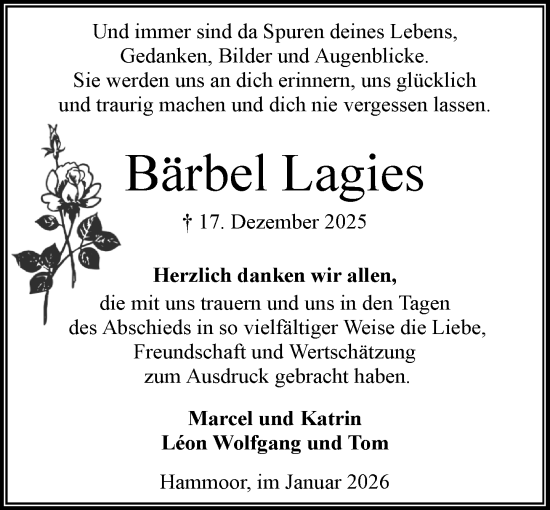 Traueranzeige von Bärbel Lagies von MARKT Ahrensburg/Bargteheide/Trittau und Stormarner Tageblatt