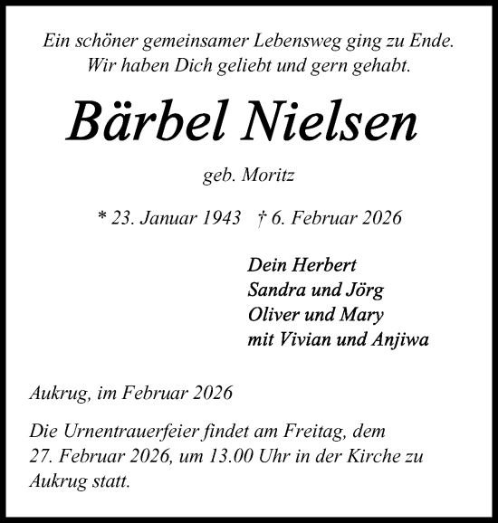 Traueranzeige von Bärbel Nielsen von Schleswig-Holsteinische Landeszeitung