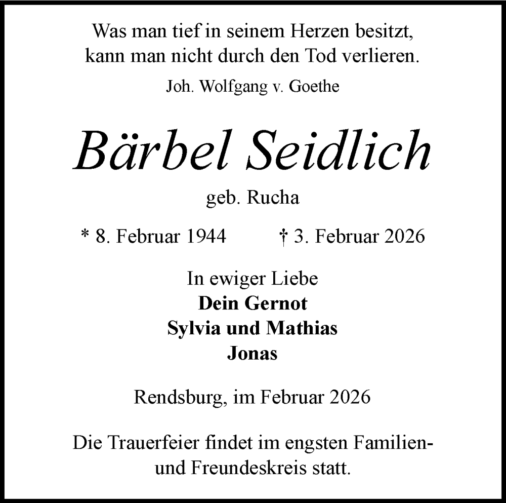  Traueranzeige für Bärbel Seidlich vom 14.02.2026 aus Schleswig-Holsteinische Landeszeitung