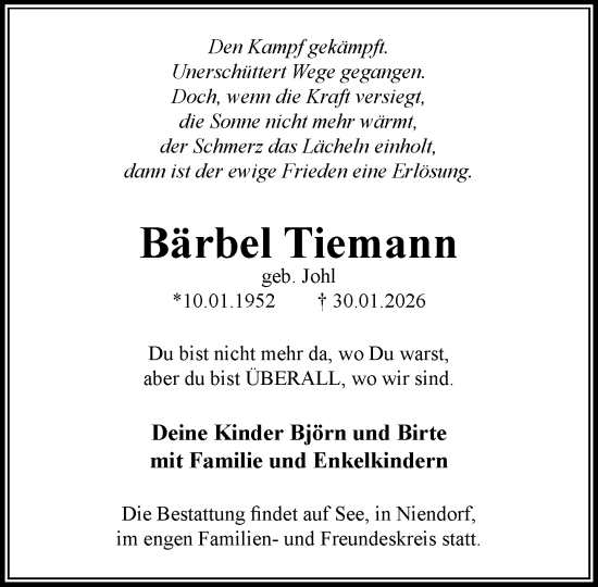 Traueranzeige von Bärbel Tiemann von MARKT Glinde/Reinfeld
