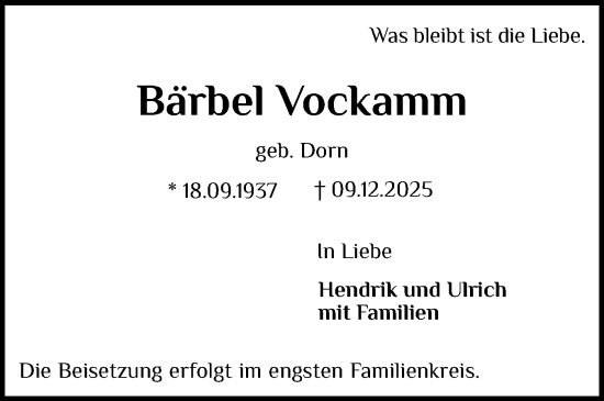 Traueranzeige von Bärbel Vockamm von Region Westküste