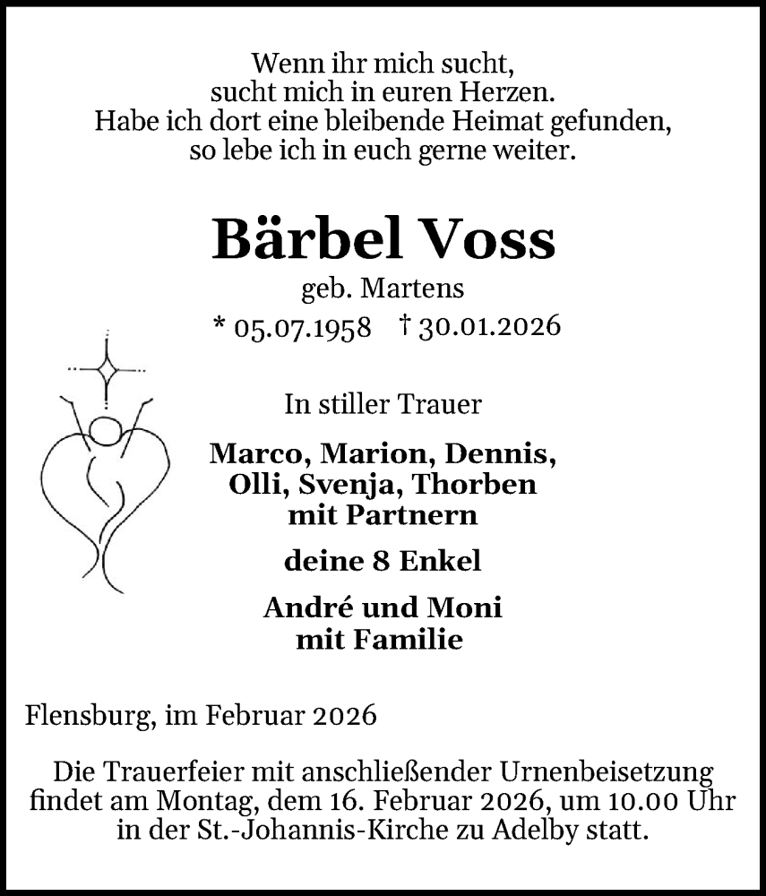  Traueranzeige für Bärbel Voss vom 07.02.2026 aus Flensburger Tageblatt