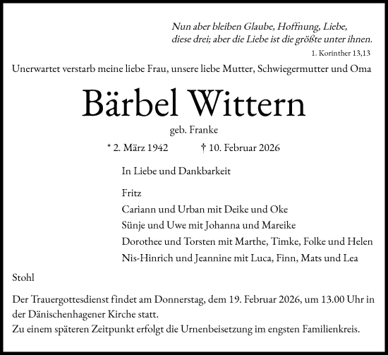 Traueranzeige von Bärbel Wittern von Schleswig-Holsteinische Landeszeitung
