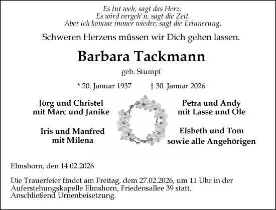 Traueranzeige von Barbara Tackmann von Elmshorner Nachrichten, Barmstedter Zeitung