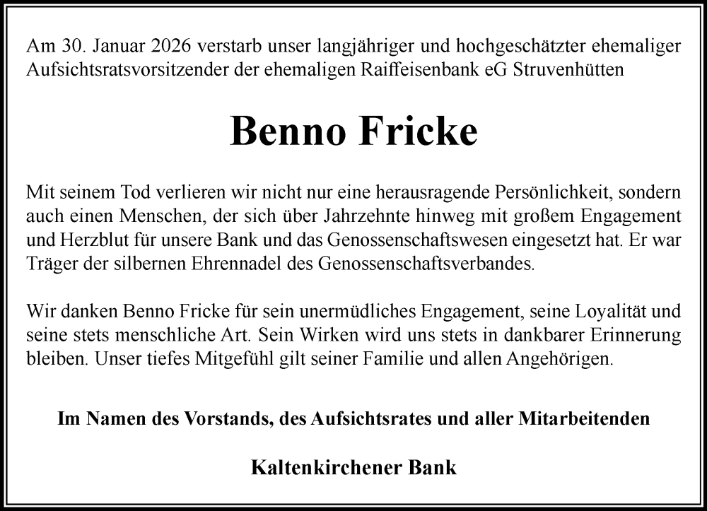  Traueranzeige für Benno Fricke vom 14.02.2026 aus Umschau