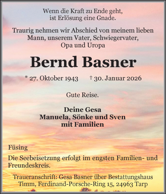 Traueranzeige von Bernd Basner von Flensburger Tageblatt, Schleswiger Nachrichten, Schlei-Bote