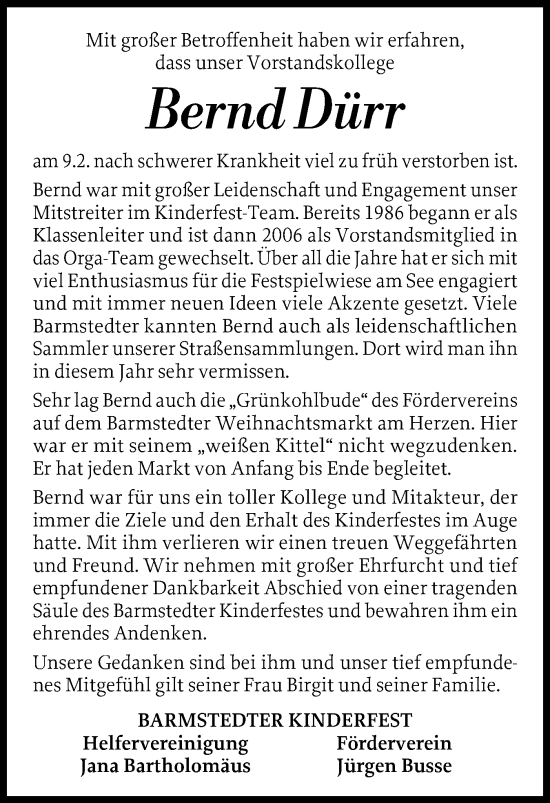 Traueranzeige von Bernd Dürr von Elmshorner Nachrichten, Barmstedter Zeitung