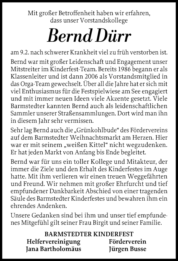  Traueranzeige für Bernd Dürr vom 21.02.2026 aus Elmshorner Nachrichten, Barmstedter Zeitung