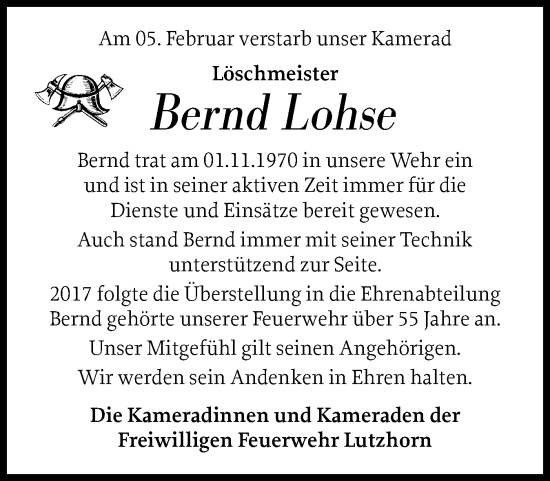 Traueranzeige von Bernd Lohse von Elmshorner Nachrichten, Barmstedter Zeitung