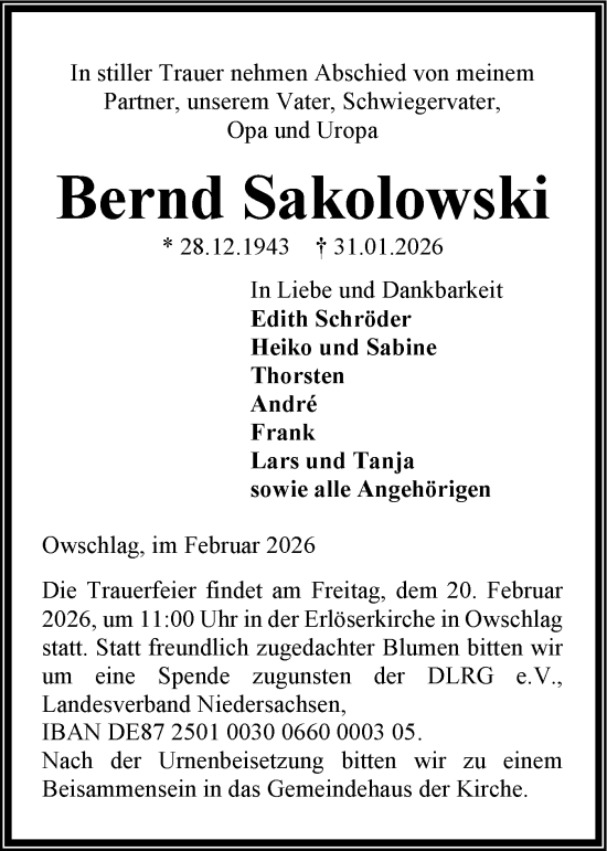 Traueranzeige von Bernd Sakolowski von Schleswig-Holsteinische Landeszeitung