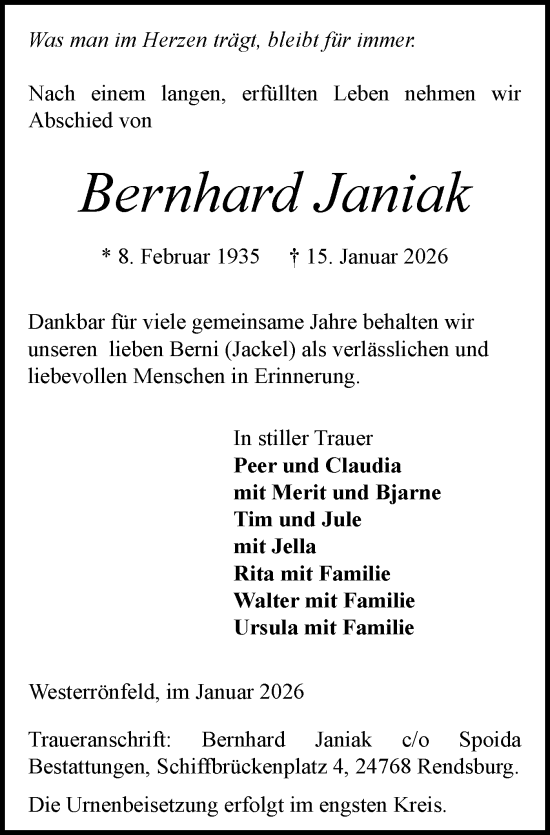 Traueranzeige von Bernhard Janiak von Schleswig-Holsteinische Landeszeitung
