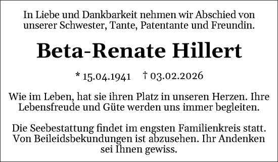 Traueranzeige von Beta-Renate Hillert von Eckernförder Zeitung, Hallo Eckernförde