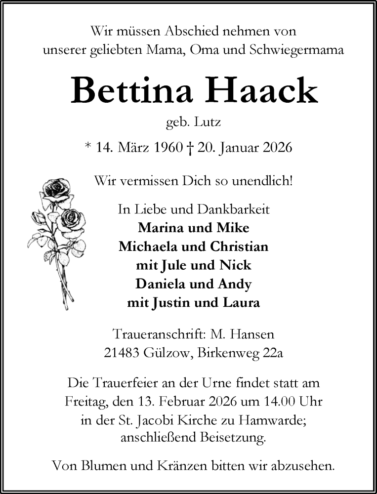  Traueranzeige für Bettina Haack vom 07.02.2026 aus Wochenend Anzeiger